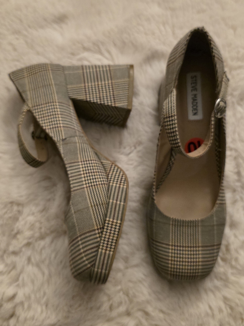 Steve Madden Plaid Mary Jane Block Heel Pumps - Beige/Tan